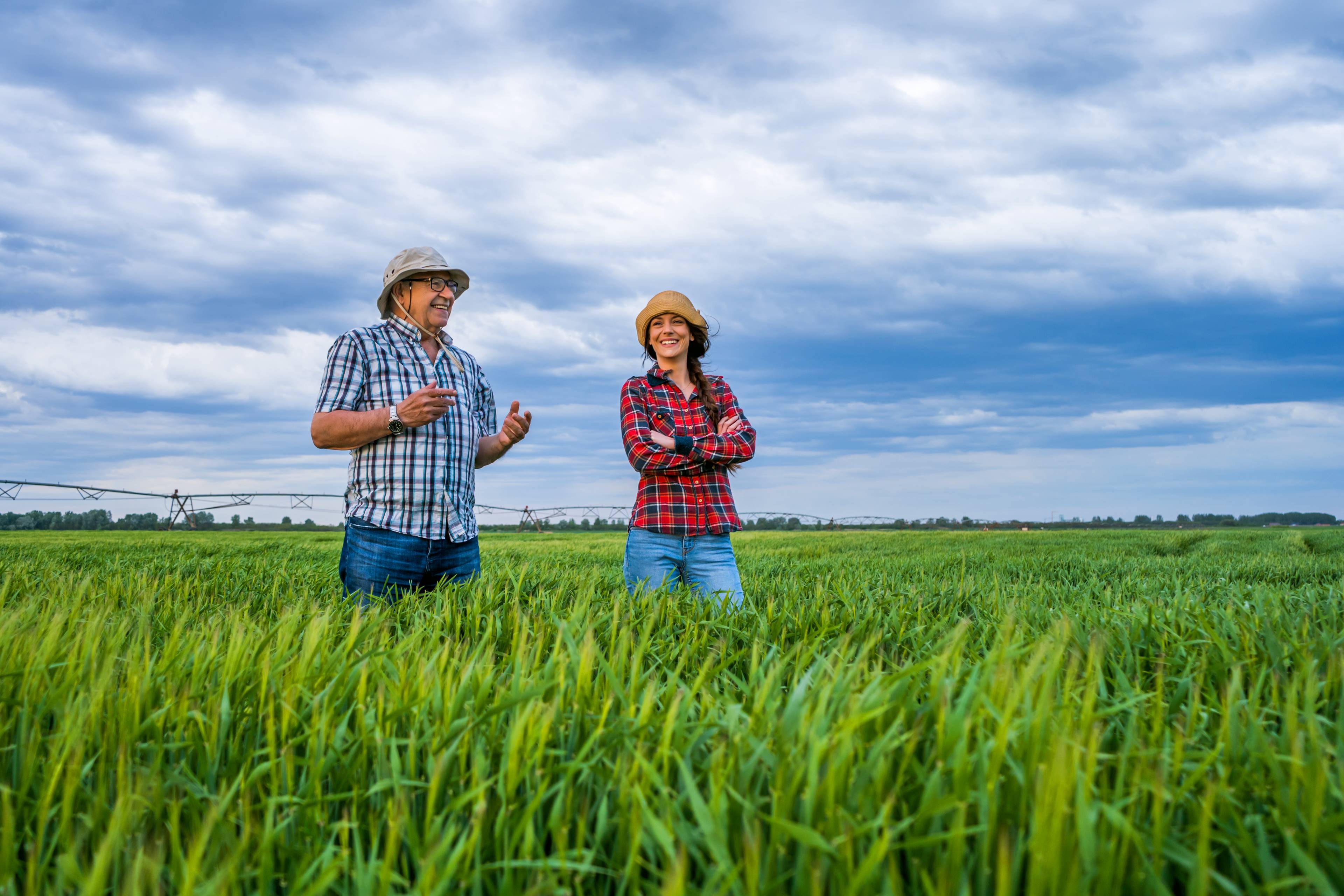 Image of two producers on a family farm talking in a field