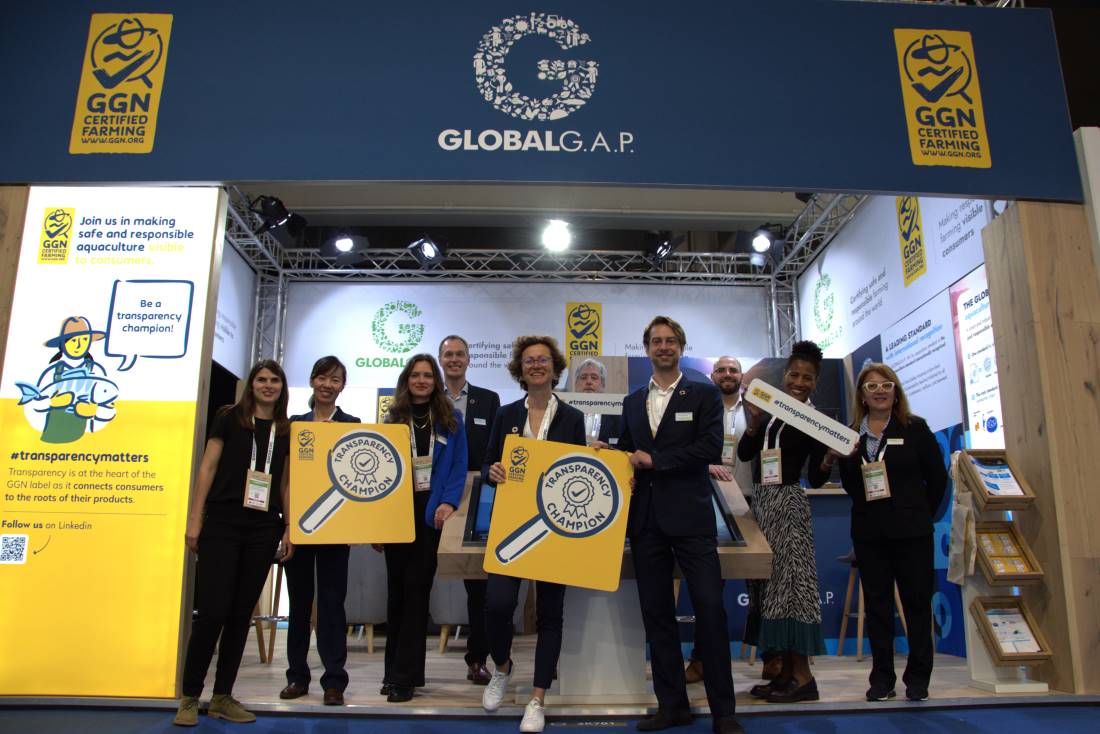 Team members at the GLOBALG.A.P. booth at Seafood Exo Global trade fair in Barcelona, 2023