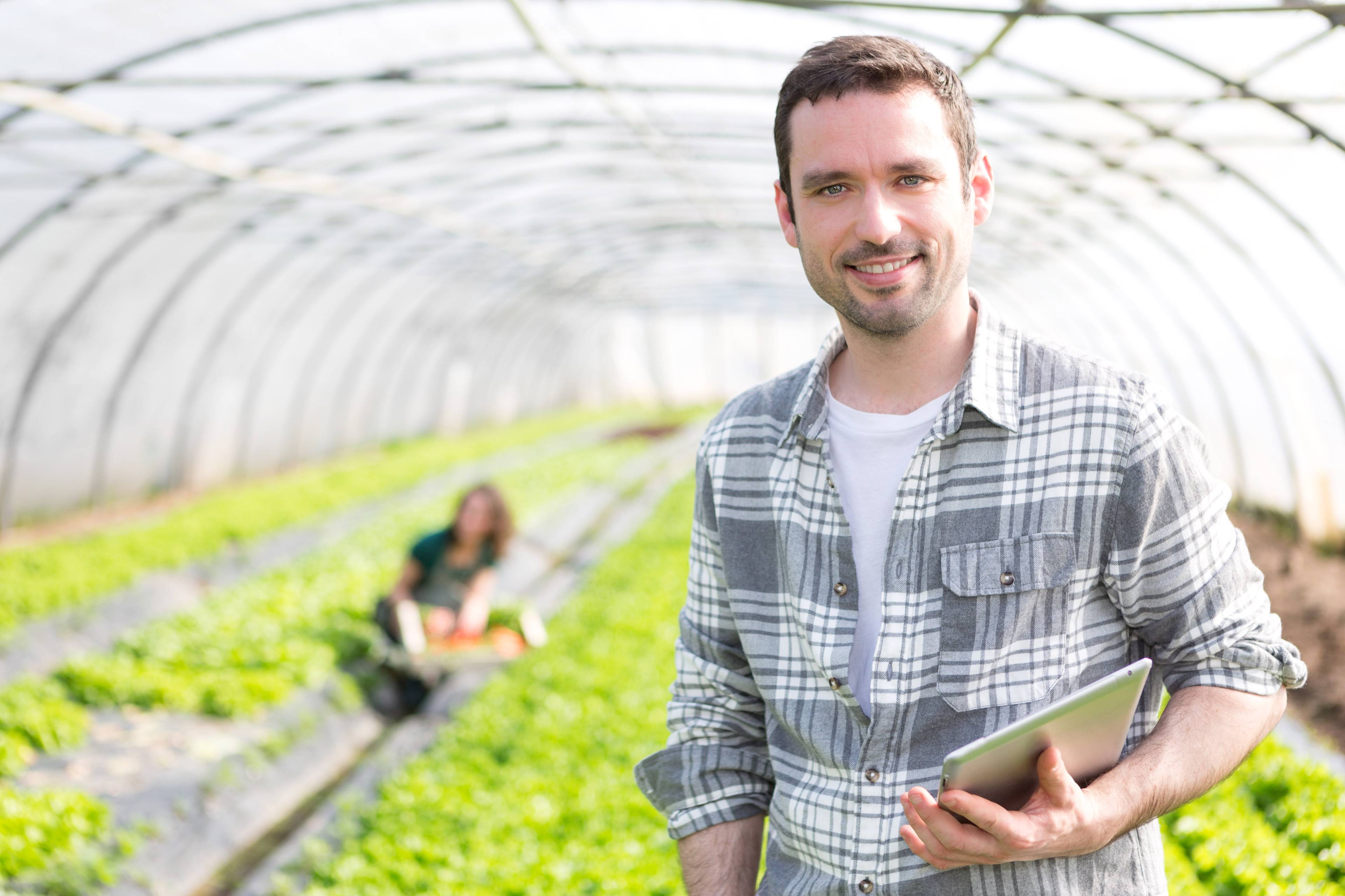 Image of two producers in a greenhouse preparing for a certification body audit
