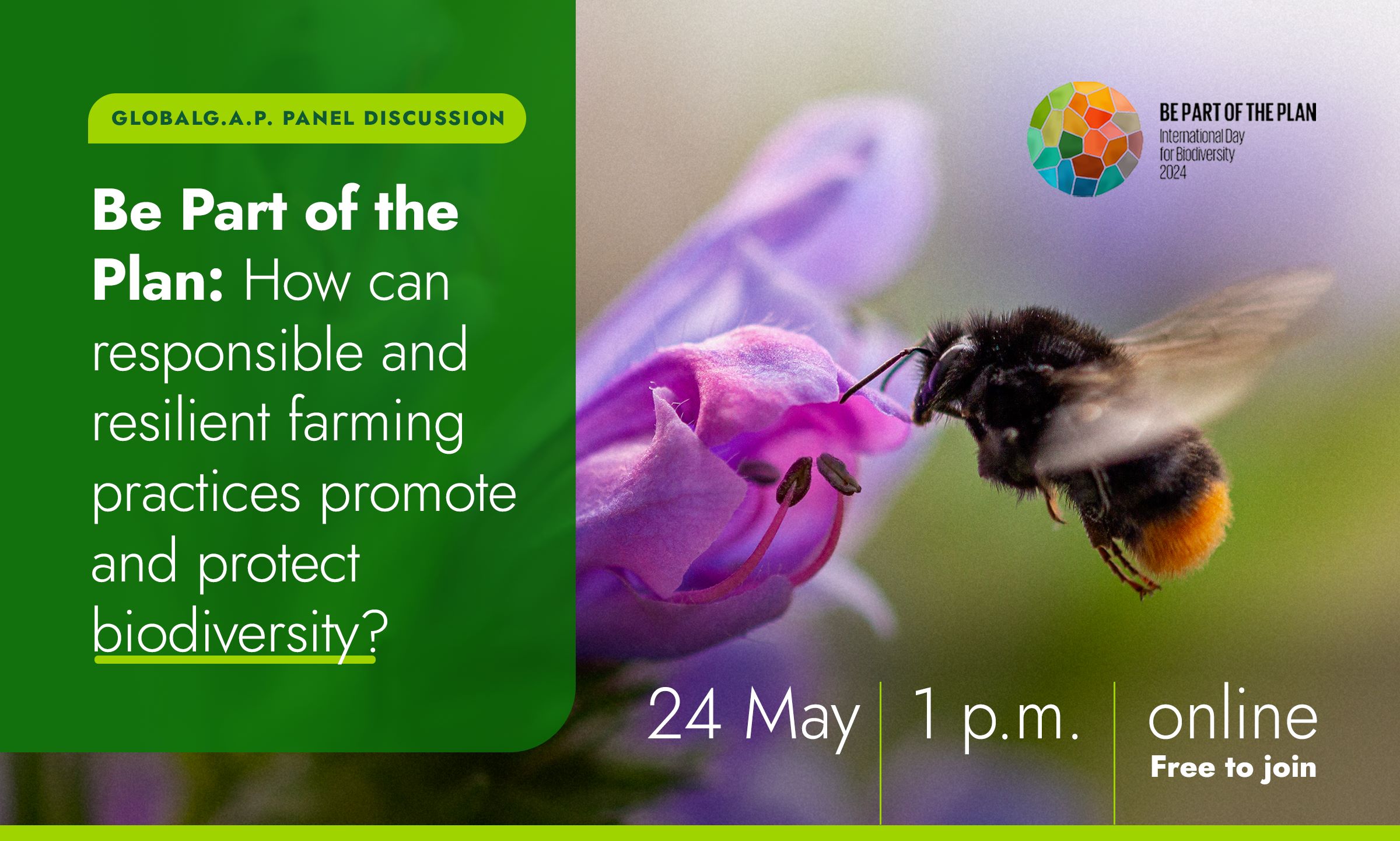 Banner advertising the GLOBALG.A.P. virtual panel discussion on 24 May 2024 at 1.pm. CEST in celebration of the UN International Day of Biological Diversity 