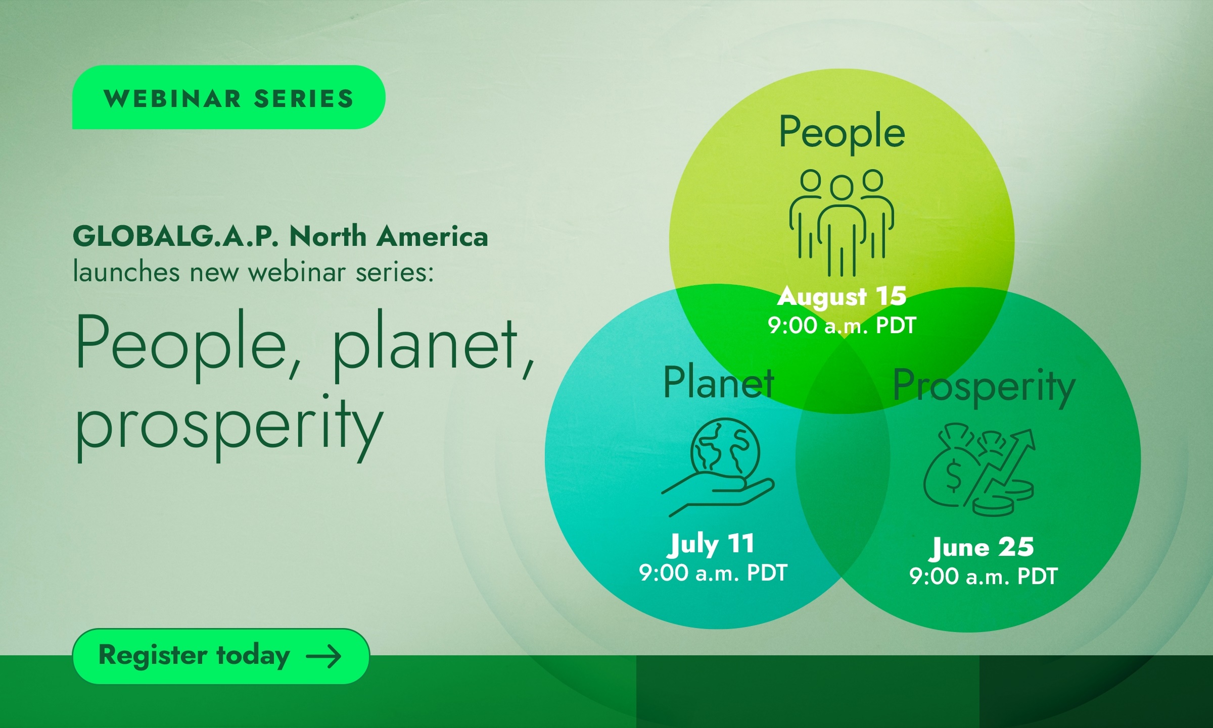 Banner advertising a new webinar series from GLOBALG.A.P. North America Inc. in 2024: People, planet, prosperity